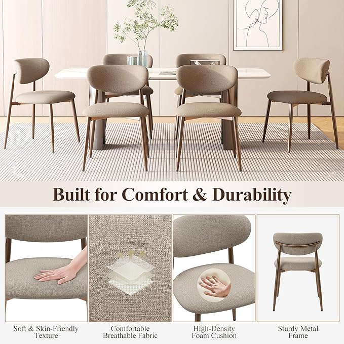 Dining Chairs Set of 2, Ergonomic Fabric Upholstered Seating with Wood Look Metal Legs and Anti Slip Pads, for Home and Restaurant Use, Camel