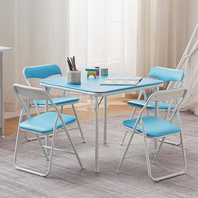 VECELO Folding Activity Table and Chairs 5 Pcs, Portable, with Ultra Soft Padded Cushion, 5 Piece Set, Baby Blue