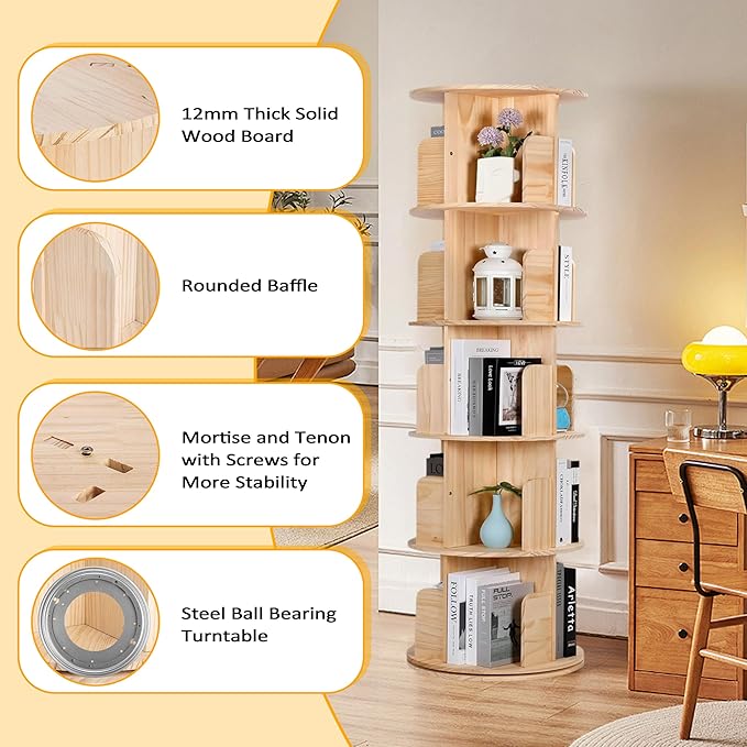 5 Tier Rotating Bookshelf Tower 360 Display Spinning Bookshelf Tower Floor Standing Bookcase Storage Rack Revolving Bookcase Wood Narrow Round Book Shelf Rotating Storage Organizer for Bedroom