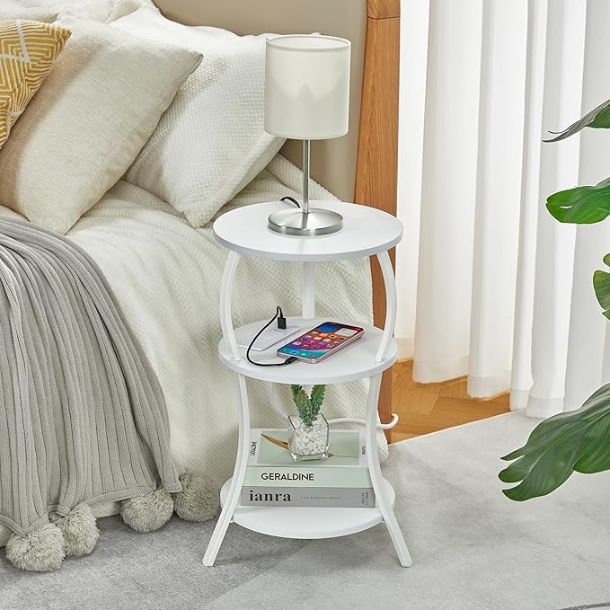 Small Round Side Table with Charging Station, 3-Tier Waist Circular End Table with Storage Shelf, Compact Tea Sofa Side Table Small Spaces, Round Corner Coffee Table for Living Room Bedroon,White