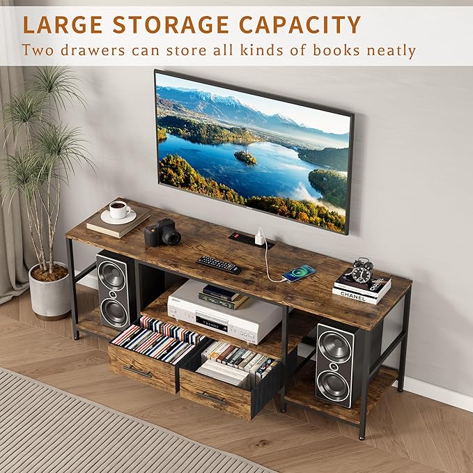 TV Stand for 75 Inch TV, TV Stands for Living Room with 2 Storage Drawers, Entertainment Center with Power Outlets, TV Stand for Bedroom, Television Stands, Brown/Black