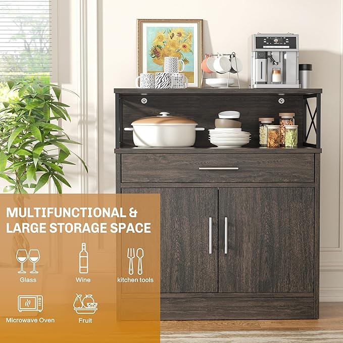 Shintenchi Kitchen Storage Cabinet with Adjustable Shelves and Drawers, Modern Buffet Sideboard, Wood Buffet Cabinet with Doors, Floor Cabinet Cupboard for Coffee Bar Living Room, Dark Brown