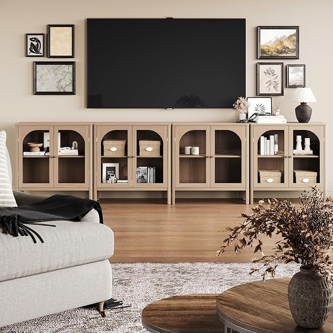 Nathan James Mason Modern Farmhouse TV Stand, Free Standing Accent Sideboard Buffet, Cabinet with Glass Doors and Adjustable Shelf, Clear Glass/Raw Oak Set of 4
