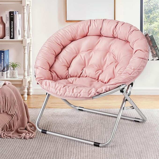 MoNiBloom Round Folding Saucer Chair for Bedroom Living Room Dorm Foldable Metal Frame Comfy Soft Lounge Lazy Cozy Moon Chair for Teens (Pink)