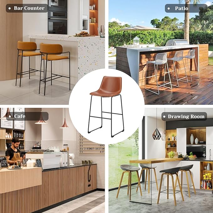 DUMOS 30 Inch Counter Height Bar Stools Set of 2, Modern Faux Leather High Barstools with Back and Metal Leg, Bar Chairs for Kitchen lsland, Elegant Brown