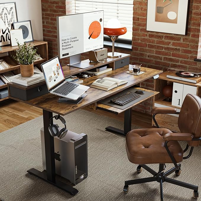 Agilestic Electric Standing Desk with 2 Drawers and Keyboard Tray, 63 x 24 Inches Ergonomic Adjustable Height Desk with Storage, Sit Stand up Computer Workstation, Rustic Brown