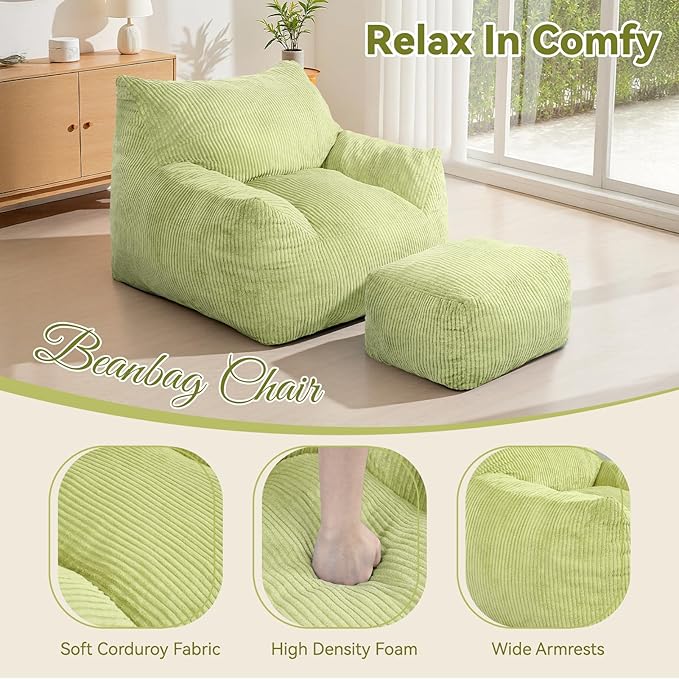 INMOZATA Bean Bag Chair for Adults, 3FT Beanbag Chair with Ottoman Pre-Filled Fluffy Lazy Chair Corded Fabric Accent Chair for Bedroom Living Room Dorm (Green)