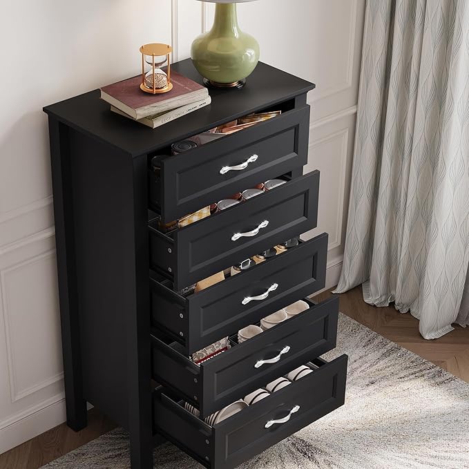 LINSY HOME Tall Dresser for Bedroom with 5 Drawers, 45" Tall Dressers & Chests of Drawers, Modern Farmhouse Large Vertical Dresser with Wood Legs for Bedroom, Closet, Living Room, Hallway, Black