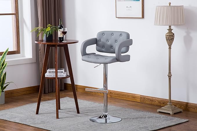AC Pacific Contemporary Adjustable Swivel Kitchen Bar Stool Chair with Cushion and Armrest, 24"-33", Pewter Gray