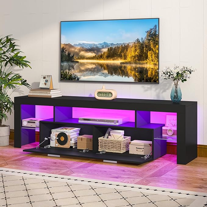 Clikuutory Modern Lighting 63 inch TV Stand with Large Storage Drawer for 50 55 60 65 70 75 Inch TVs, TV Console with 20 Color LED Lights, Entertainment Center Media and Open Shelf for Bedroom, Black