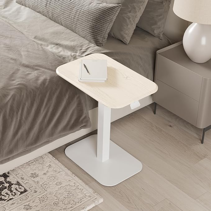 ERGOHOME™ ELEVANCE TABLE™ Height Adjustable Side Table for Couch or Bed, Laptop Table - Small End Table Office Coffee Table - C-Shaped Sofa Side Table with Multi-Function (White Base & Washed Oak Top)