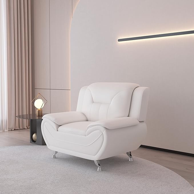 Container Furniture Direct Michael Modern Faux Leather Upholstered Stainless Steel Legs Living Room, Chair, Milky White