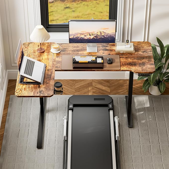 59 Inch L Shaped Standing Desk Adjustable Height, Electric Corner Standing Desk, Sit Stand Computer Table with Reversiable Splice Board, Rustic Brown