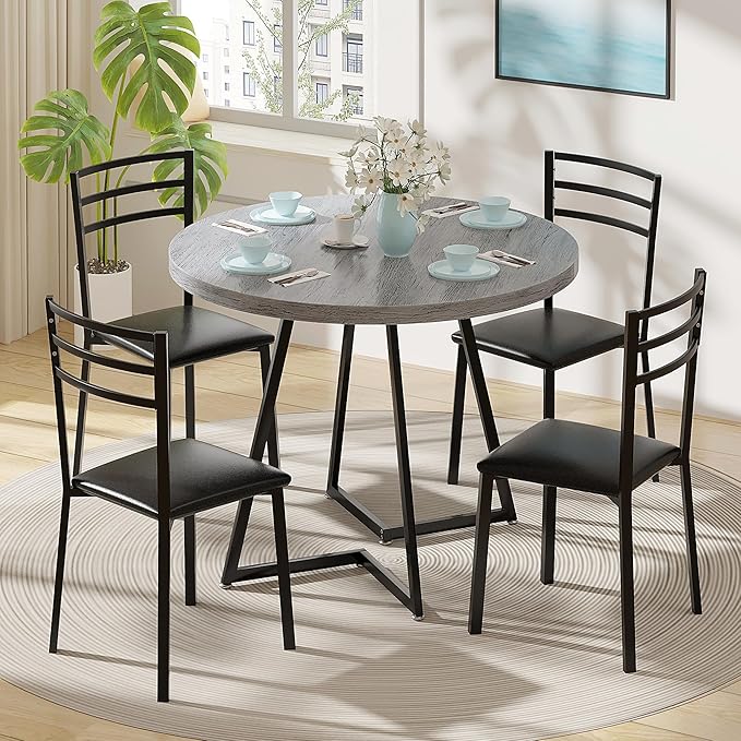 VECELO 35" Round Dining Table for 4, Wood-Grain Tabletop & Heavy-Duty Steel Frame, for Kitchen, Living Room, Easy Assembly, Light Grey