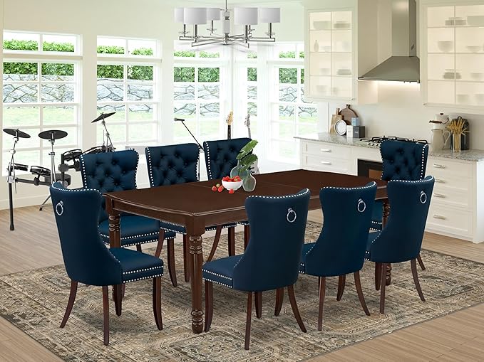 East West Furniture DODA9-MAH-29 9 Piece Dining Set Contains a Rectangle Kitchen Table with Butterfly Leaf and 8 Polyester Fabric Padded Chairs, 42x78 Inch, Mahogany