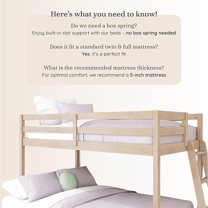 Grain & Grove Bear Twin Over Full Bunk Bed, Low Bunk Bed Frame for Kids, Bunk with Ladder, Guardrail and Slats, No Box Spring Required, Oak Embossed Natural