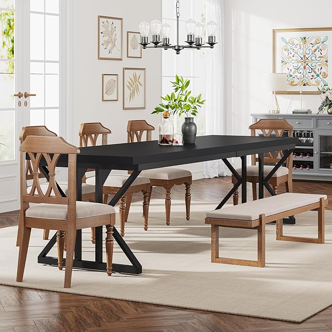 Tribesigns Farmhouse Dining Table for 6 People, 70.8-Inch Rectangular Wood Dining Table, Rustic Kitchen Table with Heavy Duty Metal Legs for Dining Room (Matte Black, 70.8-Inch)