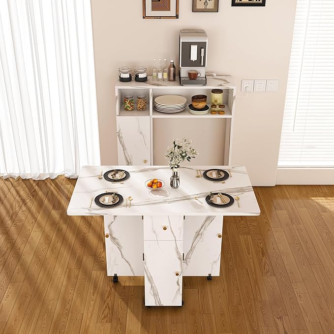 Ball & Cast Multifunctional Folding Dining Table with Wall-Mounted Sideboard & Storage,Wood Kitchen Island w/Four-in-one Socket and Silent Wheels,Space-Saving,Easy to Assemble,for Dining Room,White