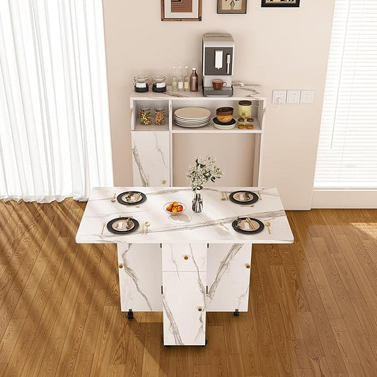 Ball & Cast Multifunctional Folding Dining Table with Wall-Mounted Sideboard & Storage,Wood Kitchen Island w/Four-in-one Socket and Silent Wheels,Space-Saving,Easy to Assemble,for Dining Room,White