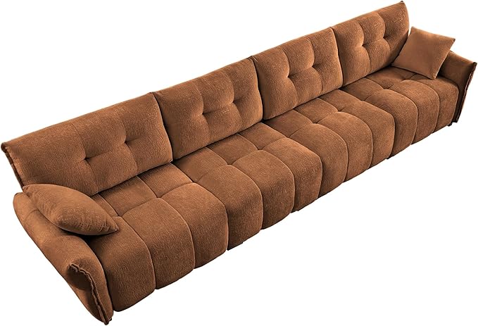 Modern Chenille Fabric 4-Seat Sofa w/ 2 Pillows, Premium Upholstery Living Room Couch with Tufted Backrest & Comfortable Armrests and High-Resilience Memory Foam Cushions,Orange