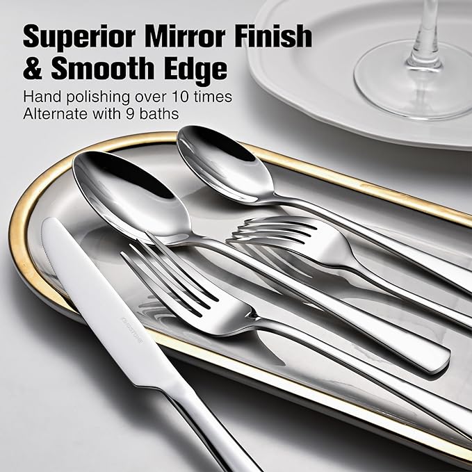 KINGSTONE 18/10 Stainless Steel Flatware, 20-Piece Forged Silverware Set for 4, Mirror Polished Cutlery Set Dishwaher Safe for Home, Restaurant, Wedding, Party