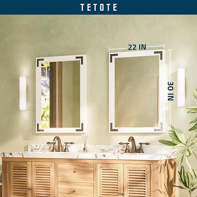 TETOTE 22 x 30 White Wood Framed Mirror for Bathroom Wall/Bedroom/Living Room/Entryway Farmhouse Rustic Bathroom Vanity Mirror for Wall Waterproof (Horizontal/Vertical Mounted)