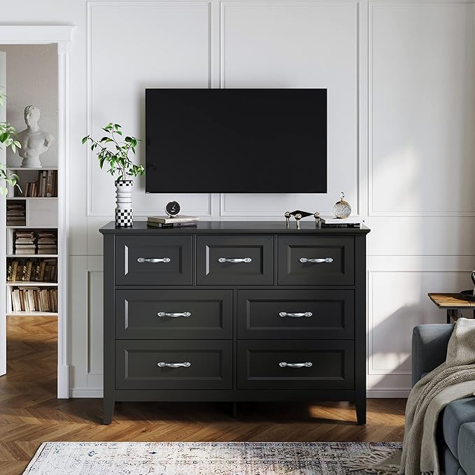 LINSY HOME Black Dresser for Bedroom, Long Dresser with 7 Drawers, Wood Chest of Drawers with Metal Handles, Ideal for Living Room, Entryway and Hallway