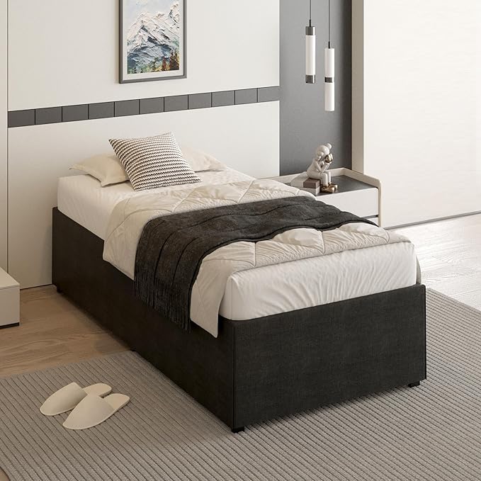 18 Inch Twin Bed Frames with Black Bed Cover, Metal Twin Size Bed Frame No Box Spring Needed, Heavy Duty Mattress Foundation, Easy Assembly, Noise Free