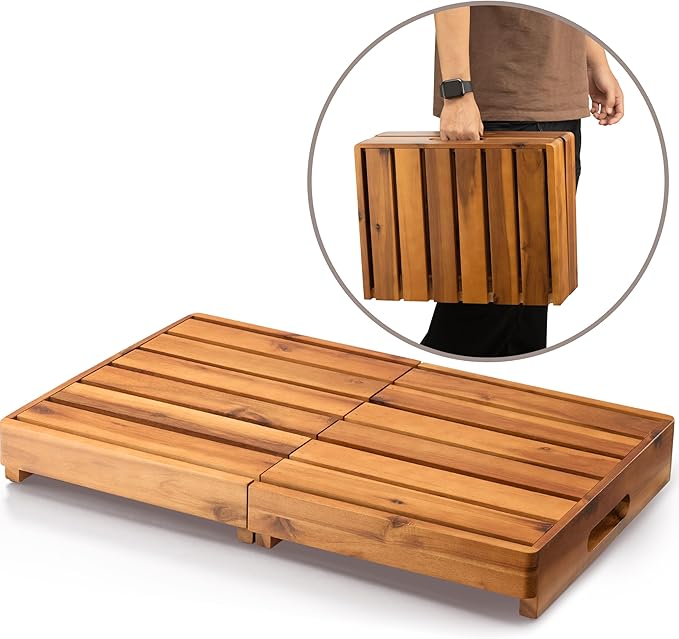 Holana 25in One Foldable Step Stool for Elderly - Acacia Wood High Riser Step Stool for Adults Kid - Wooden Mobility Stepping Stools 400 Lbs Load Capacity for Bathroom Aid Handicap, Bed,Kitchen,Garden