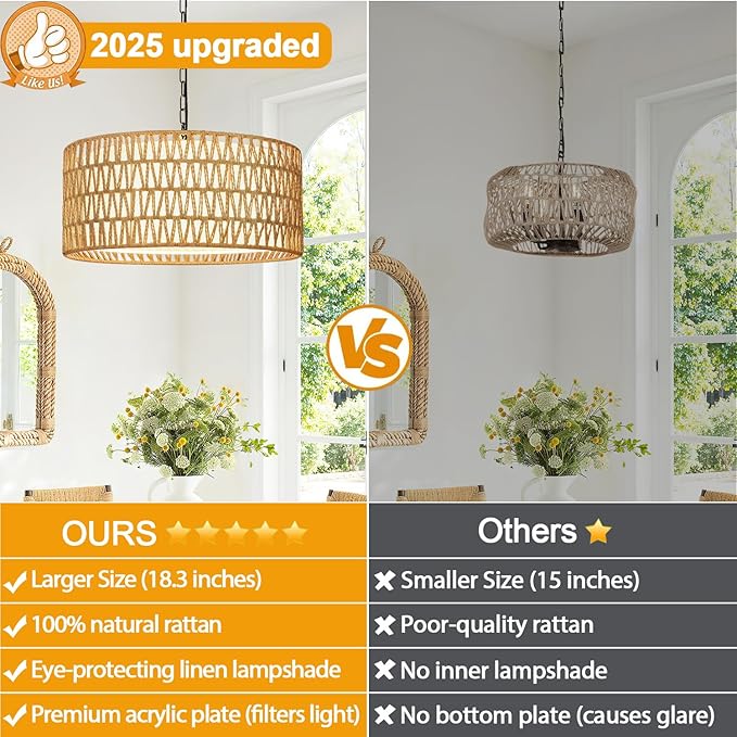 Farmhouse Chandeliers for Dining Room, Hand Woven 5-Light Rattan Pendant Light, Boho Rattan Chandelier with Linen Shade, Rustic Hanging Lighting for Bedroom and Kitchen Island (Bulb Not Included)