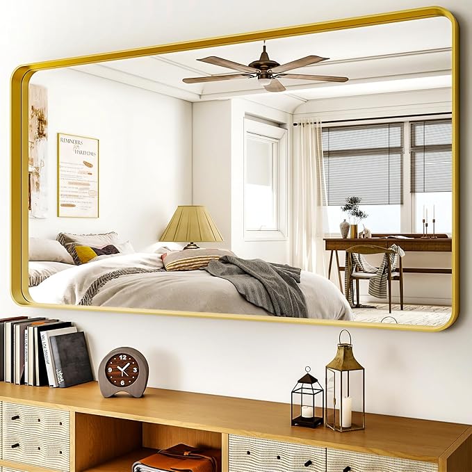55"x 30" Gold Bathroom Mirror - Aluminum Framed Wall Mirror, Bathroom Wall Mounted Vanity Mirror, Bedroom, Living Room Wall Mirror, Hang Horizontally or Vertically