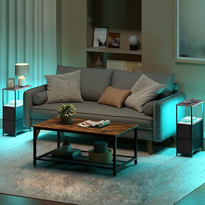 TUTOTAK Small Narrow LED End Table with Charging Station, Side Table Outlets, Nightstand with 2 Cloth Drawers, Set of 2, Couch Table, for Living Room, Bedroom, Bedside, Greige TB01BG056