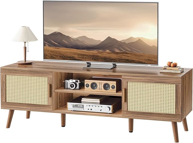 SUPERJARE Boho TV Stand for 65 Inch TV, Entertainment Center with Adjustable Shelf, Rattan TV Console with 2 Cabinets, Media Console, Solid Wood Feet, 4 Cord Holes, for Living Room, Walnut