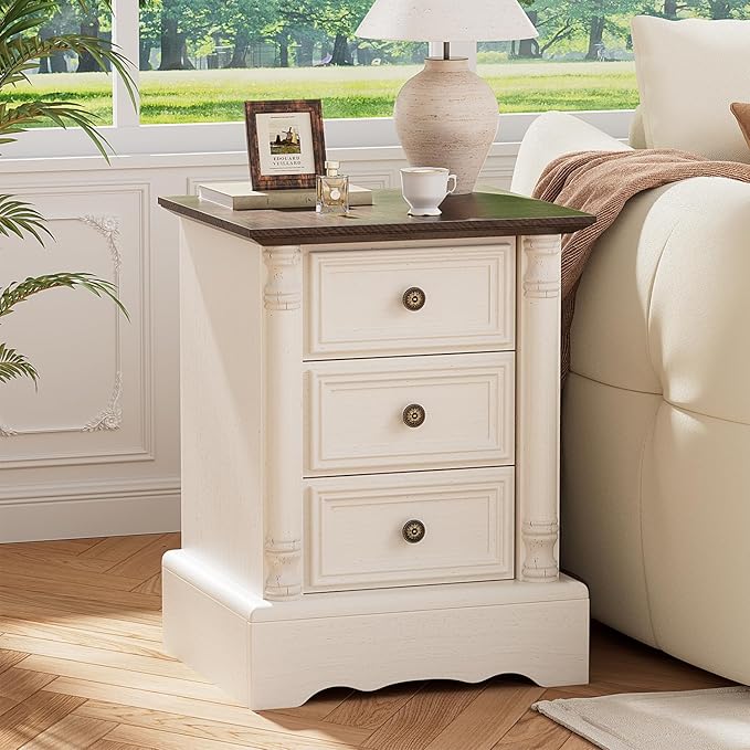 Nightstand with 3 Drawers, Rustic Night Stand 18' Wide Side Table with Storage, Mid-Century Modern Couch End Table with Vintage Handles, Small Dresser for Bedroom, Living Room, Antique White