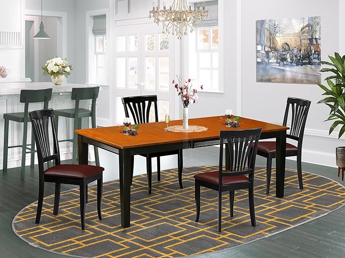 East West Furniture QUAV5-BCH-LC 5 Piece Dinette Set Includes a Rectangle Dining Room Table with Butterfly Leaf and 4 Faux Leather Upholstered Dining Chairs, 40x78 Inch, Black & Cherry