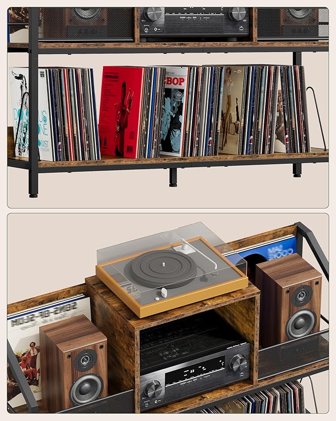 Large Record Player Table, Holds up to 400 Albums, Medieval Rustic Vinyl Record Player Display Stand, Removable Dividers, for CD and Audio Equipment Storage, Rustic Brown TCW77BF