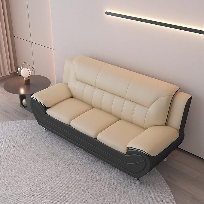Container Furniture Direct Michael Modern Faux Leather Upholstered Stainless Steel Legs Living Room Sofa, Chair, Camel/Black