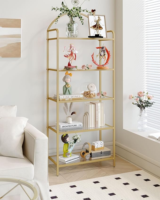 Bookcase Bookshelf, Tempered Glass Bookshelves, Slim Shelving Unit for Bedroom, Bathroom, Home Office, Steel Frame, 5 Tier Gold BC21599G