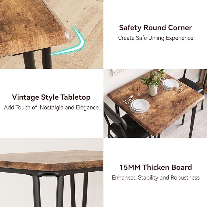 IDEALHOUSE Dining Table Set for 4, Kitchen Table with Upholstered Chairs for Kitchen Room and Small Spaces (Retro, Table with 2 Upholstered Chairs)