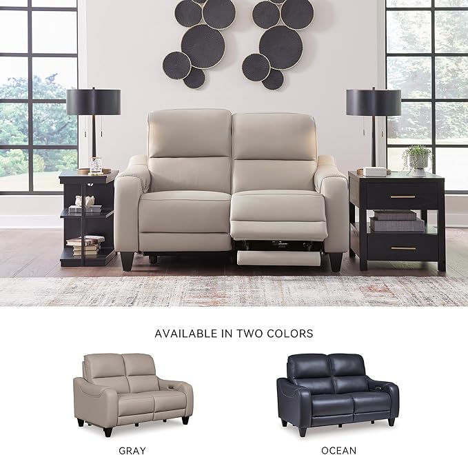 Signature Design by Ashley Mercomatic Casual Leather Match Wall Hugger Power Reclining Loveseat with Adjustable Headrest and USB Ports, Light Gray