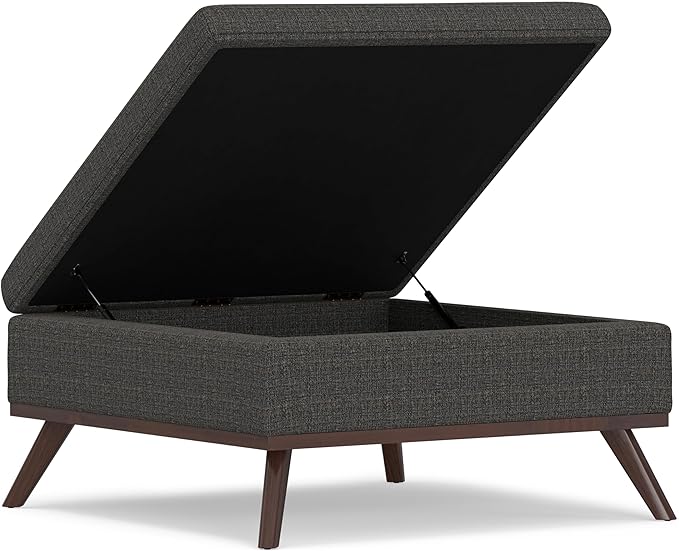 SIMPLIHOME Owen 36 inch Wide Mid Century Modern Square Coffee Table Storage Ottoman in Ebony Tweed Look Fabric, Assembled, for the Living Room, Entryway and Family Room