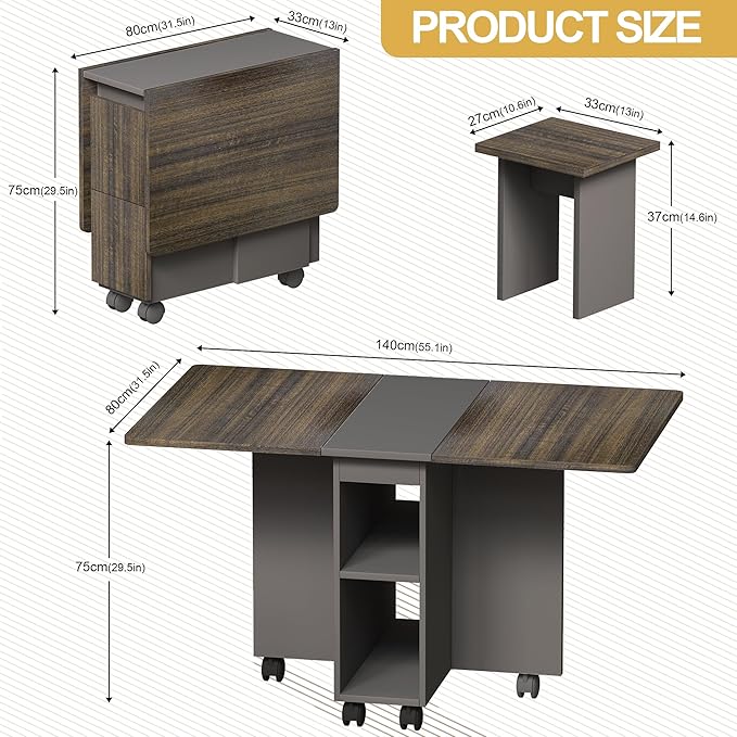 Ball & Cast 5 Pieces Folding Extendable Dining Table Set with 4 Chairs for 4 Peoples,55'' Drop Leaf Wood Kitchen Table Set w/Storage and 6 Wheels,Easy to Assemble,for Small Space,Brown+Gray