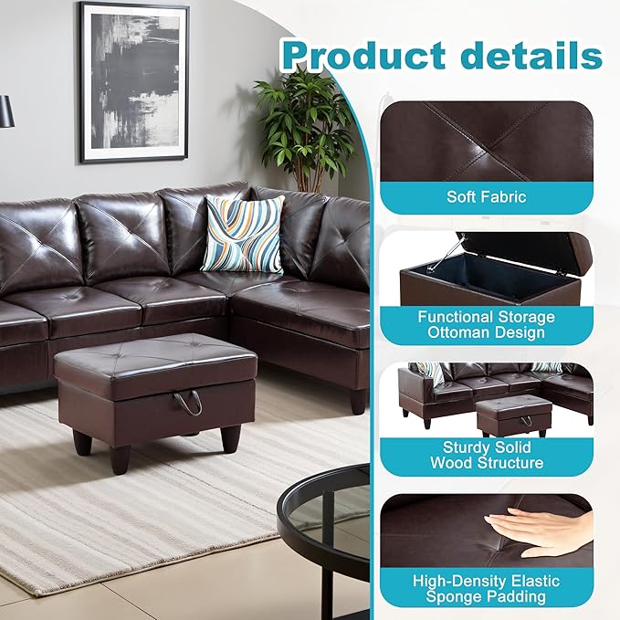 Couches for Living Room Faux Leather L Shaped Couch Comfy 3 Pieces Sectional Sofa with Chaise, Ottoman with Storage for Office and Small Apartment, Brown