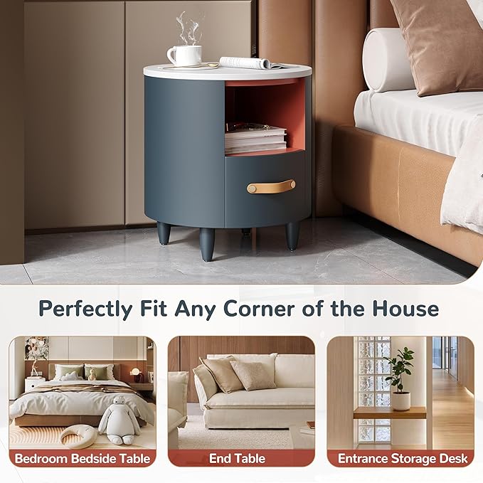 Merax Round Nightstand with Storage Drawer, MDF Contemporary Modern Bedside Table with Open Storage Shelf, Curved Design Sofa End Table for Bedroom & Living Room, Easy Assembly, Blue