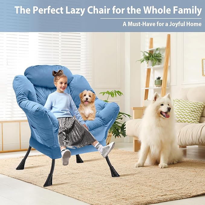 Lazy Chair Thick Padded, Comfy Velvet Accent Lounge Chair with Stable Frame, Leisure Sofa Armchair with Armrests and Side Pocket, Reading Chair for Bedroom, Living Room, Office, Light Blue