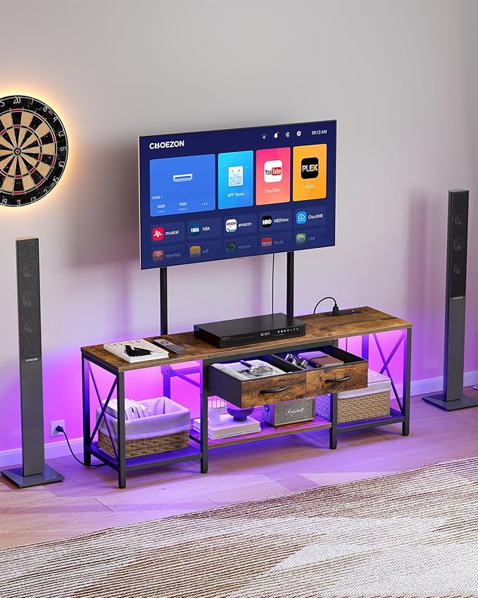 TV Stand with Mount, Power Outlet and LED Light, Entertainment Center, Adjustable TV Stand, for 32-70 inch TVs, 2-Tier Storage, for Living Room, Bedroom, Rustic Brown and Black TDS12UDBF