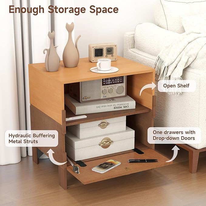 SBS-AL-21-23 Sebastack Night Stand, Customizable 2 Drawers Bedside Table, End Table, Side Table for Bedroom, Mid-Century Style Wood Chest of Furnitures, Basswood and Walnut Color Combo