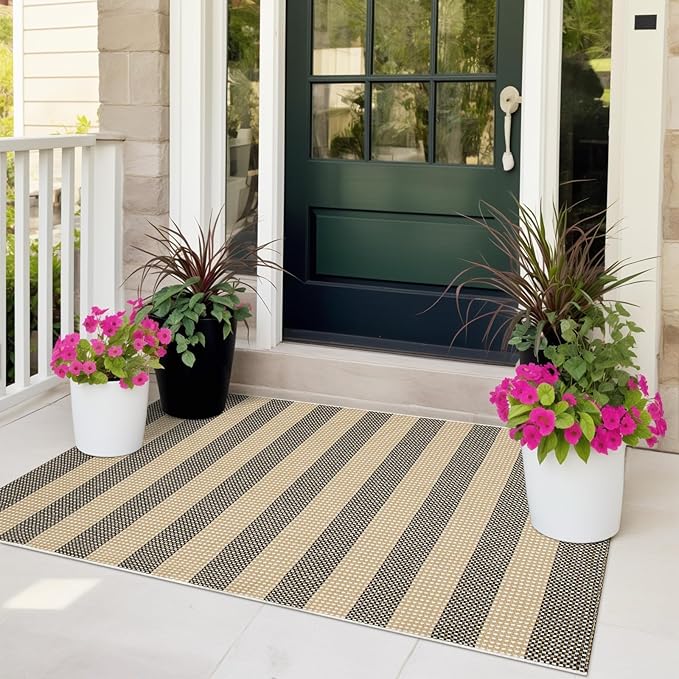 OJIA Tan Washable Outdoor Rug 3'x5', Fall Front Door Mat Outside Entrance Cotton Woven Halloween Doormat Indoor Outdoor Rugs Striped Entryway Rugs Small Outdoor Door Mats for Porch Patio Kitchen Entry