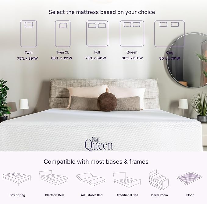 NapQueen 8 Inch Twin-XL Size Mattress, Bamboo Charcoal Memory Foam Mattress, Bed in a Box, White