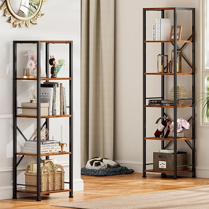 Furologee 5 Tier Tall Bookshelf, Rustic Narrow Bookcase, Display Standing Shelf Units, Metal and Wood Storage Shelves Organizer for Bedroom, Living Room, Home Office, Entryway, Kitchen, Rustic Brown